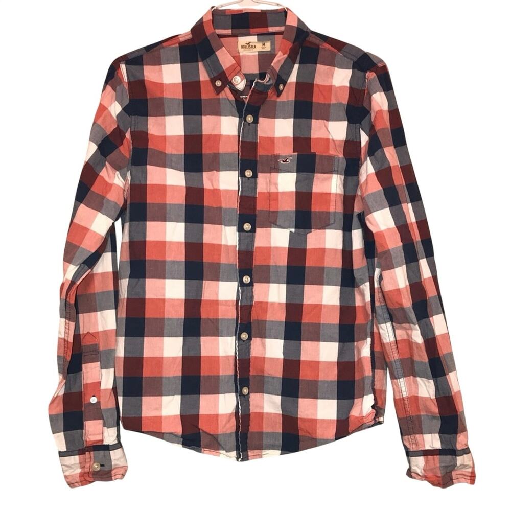 Hollister Plaid Button Down Shirt Orange Blue White Check Medium